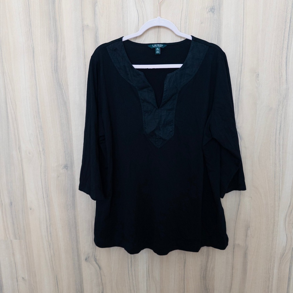Lauren Ralph Lauren Womens Top 3X Black Split Neck 3/4 Sleeve Cotton Classic